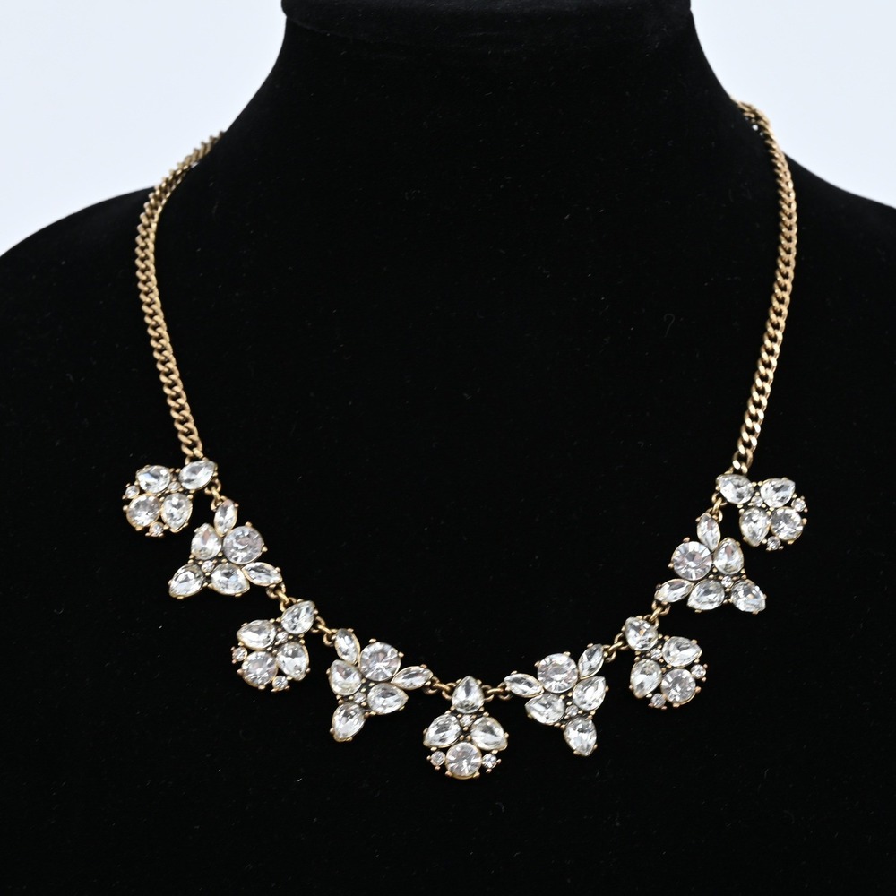 J.Crew Gold Tone Crystal Floral Statement Necklace Maximalism Clear Rhinestone